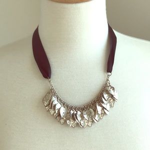 Silver Leaves Black Ribbon Statement Necklace